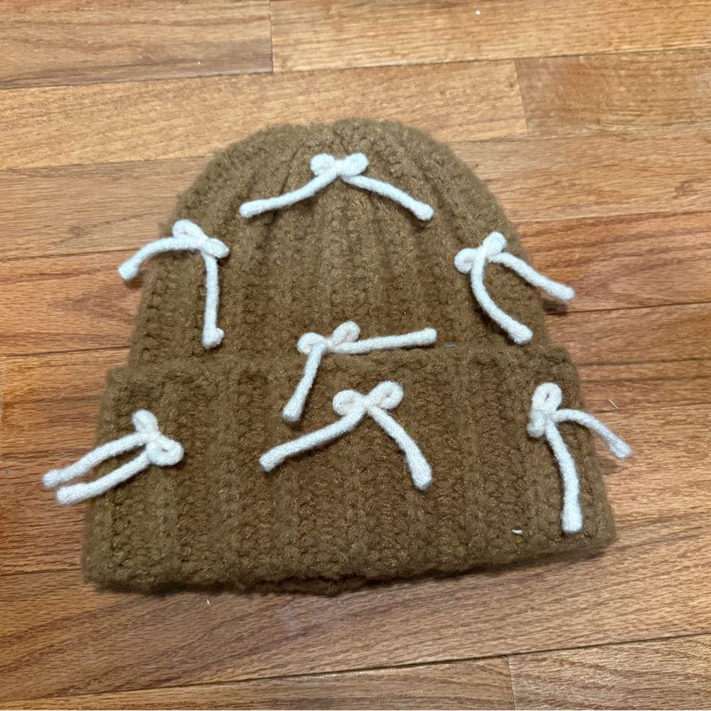 Urban Outfitters Brown Knit Hat with White Bows